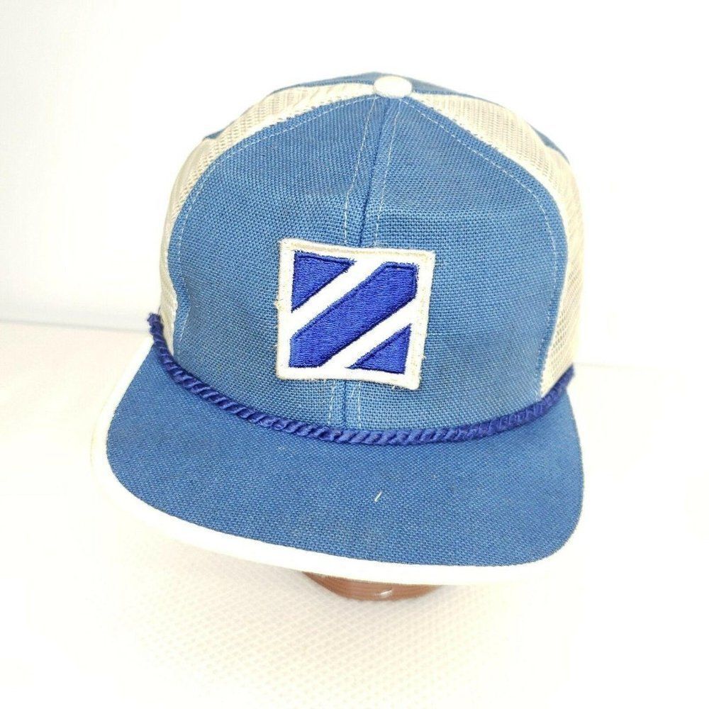 Vintage Blue Leather Strap Trucker Rope Cap Hat Blue White Mesh Destroyed